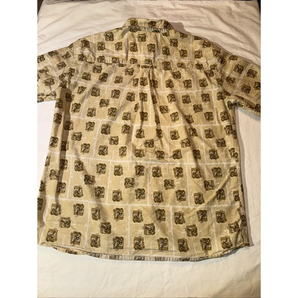 Vintage Woolrich Deer Print‎ Novelty Print Button Front Tan Shirt Large